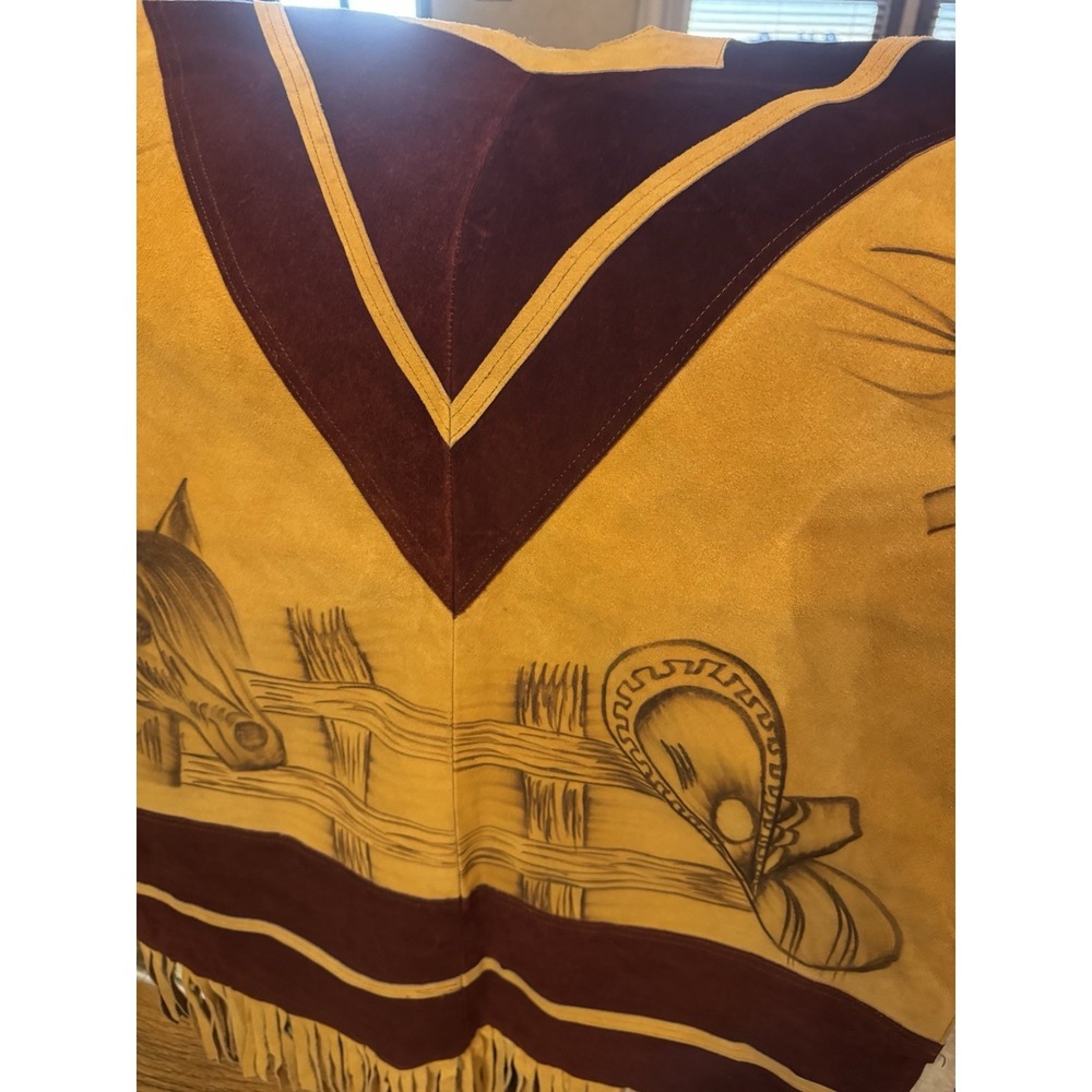 Vtg Western Cowboy Cowgirl Suede Poncho Serape Cape Rodeo Horses Fringe Mexico - Picture 4 of 12